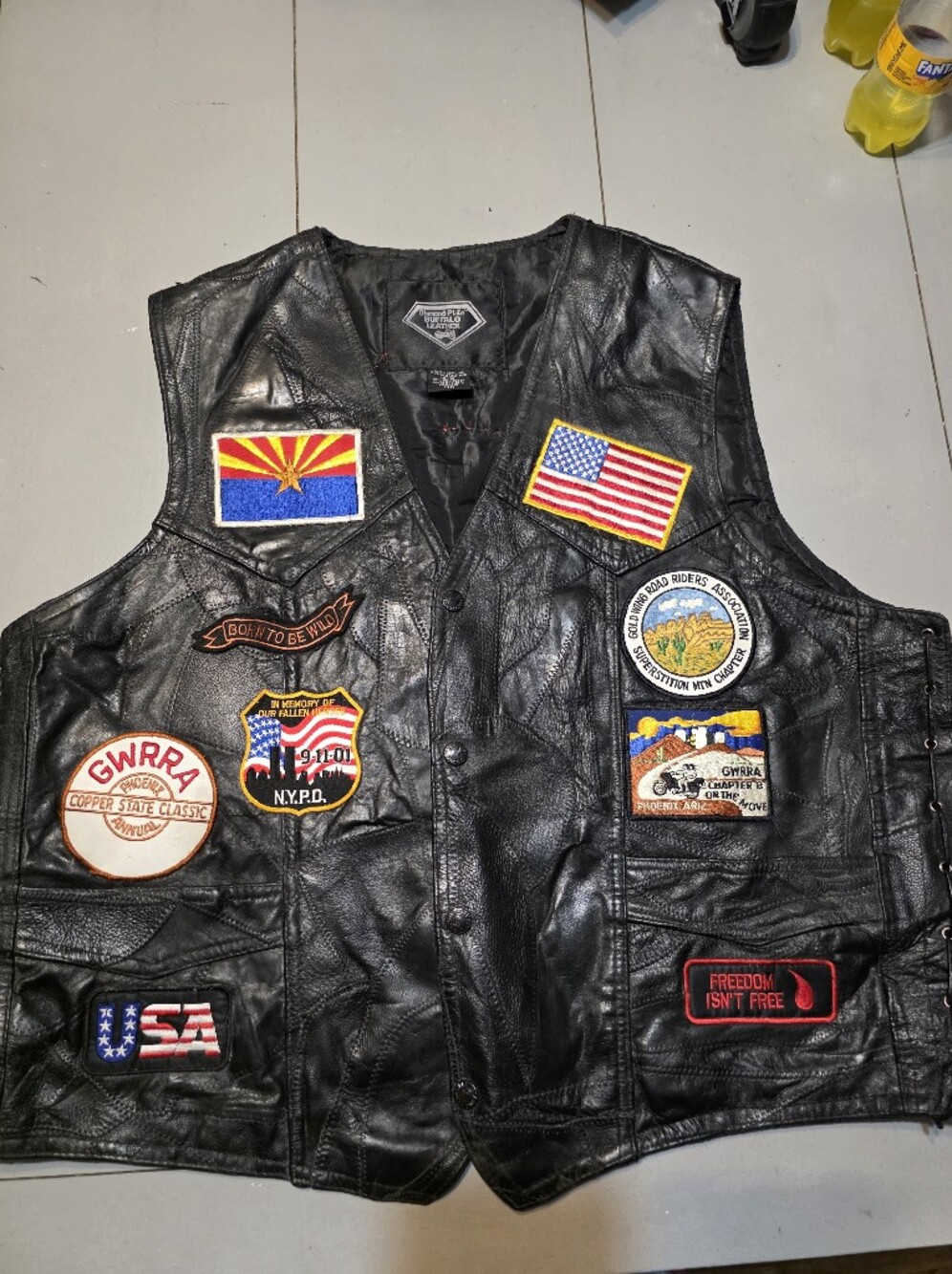 Black Leather Patch Motorcycle Vest for Men